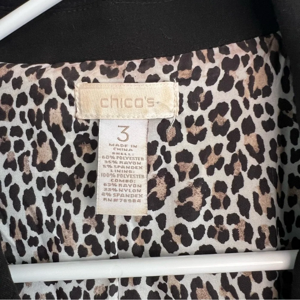 Chico's Womens Two Button Black Blazer Sz L Leopard Print Lined Office Career